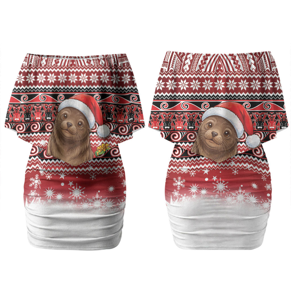 New Zealand Kekeno Seal Christmas Couples Matching Off Shoulder Short Dress and Hawaiian Shirt Maori Inspired Knitted Patterns
