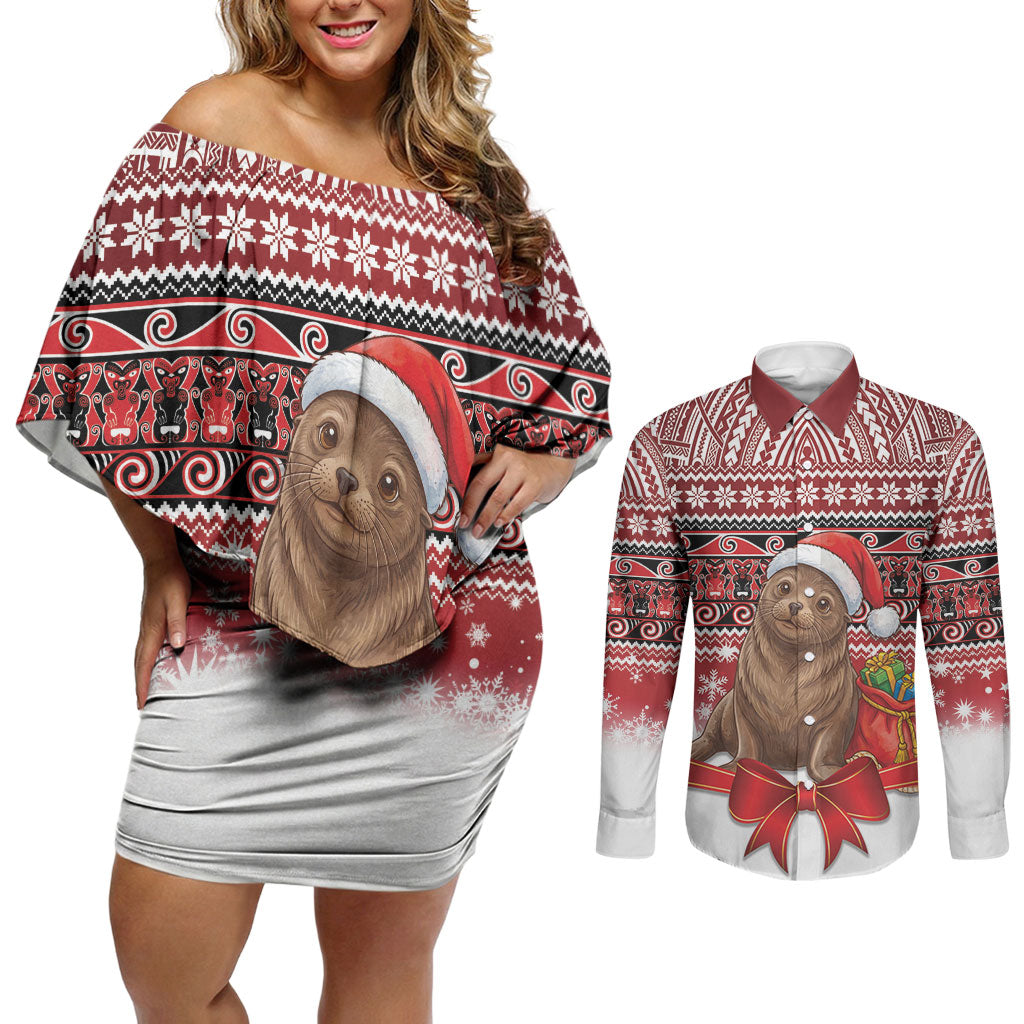 New Zealand Kekeno Seal Christmas Couples Matching Off Shoulder Short Dress and Long Sleeve Button Shirt Maori Inspired Knitted Patterns