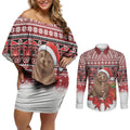New Zealand Kekeno Seal Christmas Couples Matching Off Shoulder Short Dress and Long Sleeve Button Shirt Maori Inspired Knitted Patterns