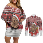 New Zealand Kekeno Seal Christmas Couples Matching Off Shoulder Short Dress and Long Sleeve Button Shirt Maori Inspired Knitted Patterns
