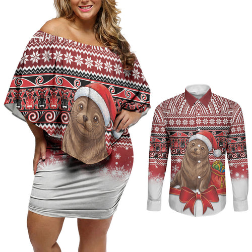 New Zealand Kekeno Seal Christmas Couples Matching Off Shoulder Short Dress and Long Sleeve Button Shirt Maori Inspired Knitted Patterns