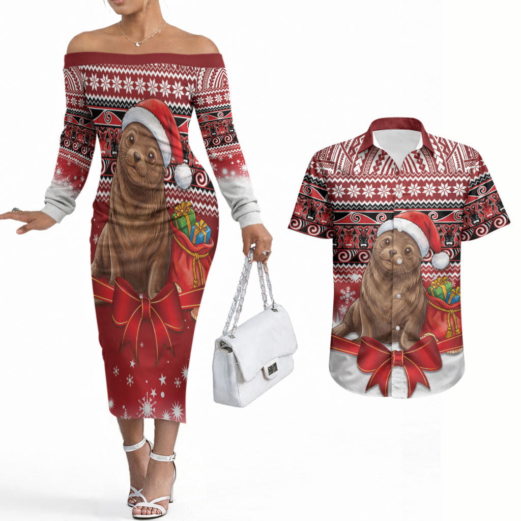 New Zealand Kekeno Seal Christmas Couples Matching Off The Shoulder Long Sleeve Dress and Hawaiian Shirt Maori Inspired Knitted Patterns
