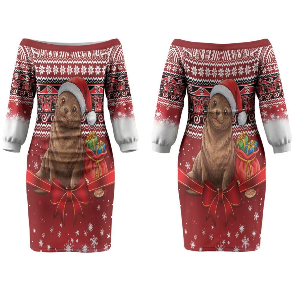 New Zealand Kekeno Seal Christmas Couples Matching Off The Shoulder Long Sleeve Dress and Hawaiian Shirt Maori Inspired Knitted Patterns