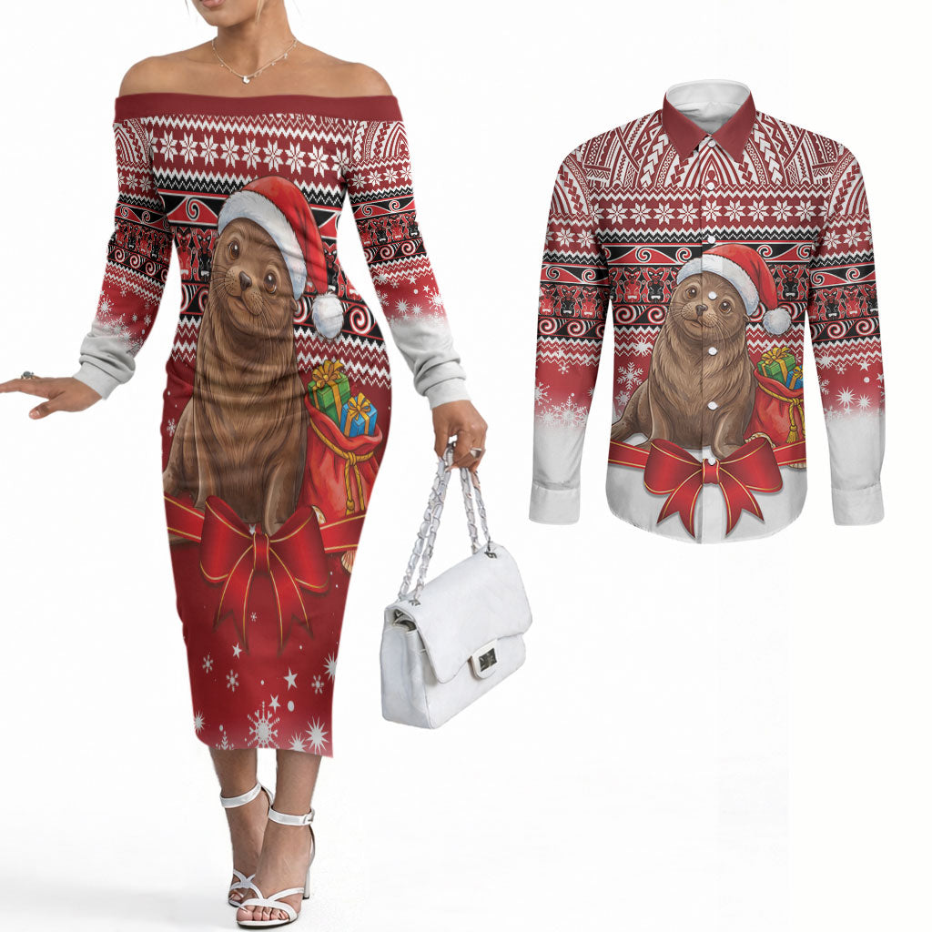New Zealand Kekeno Seal Christmas Couples Matching Off The Shoulder Long Sleeve Dress and Long Sleeve Button Shirt Maori Inspired Knitted Patterns