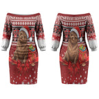 New Zealand Kekeno Seal Christmas Couples Matching Off The Shoulder Long Sleeve Dress and Long Sleeve Button Shirt Maori Inspired Knitted Patterns