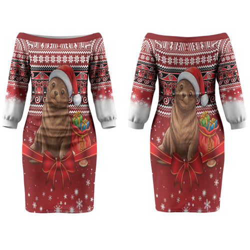 New Zealand Kekeno Seal Christmas Couples Matching Off The Shoulder Long Sleeve Dress and Long Sleeve Button Shirt Maori Inspired Knitted Patterns