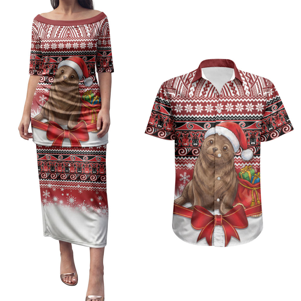 New Zealand Kekeno Seal Christmas Couples Matching Puletasi and Hawaiian Shirt Maori Inspired Knitted Patterns