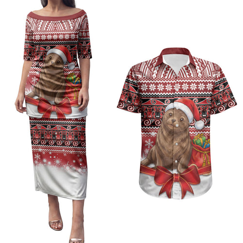 New Zealand Kekeno Seal Christmas Couples Matching Puletasi and Hawaiian Shirt Maori Inspired Knitted Patterns