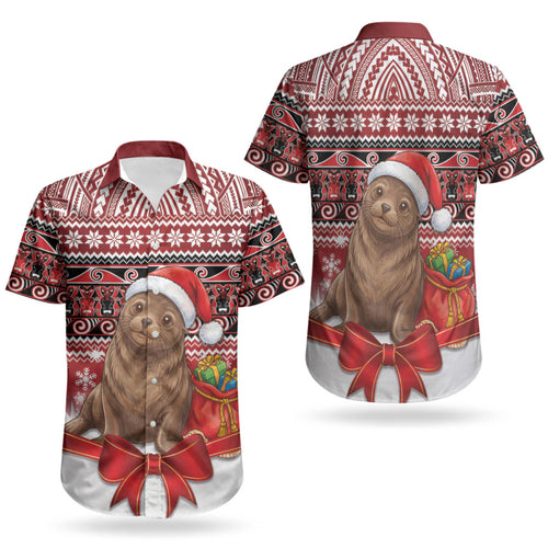 New Zealand Kekeno Seal Christmas Couples Matching Puletasi and Hawaiian Shirt Maori Inspired Knitted Patterns