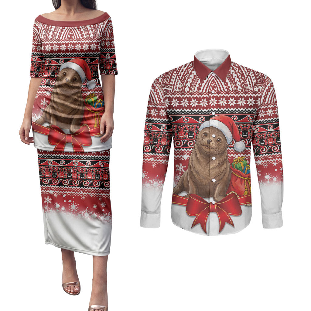 New Zealand Kekeno Seal Christmas Couples Matching Puletasi and Long Sleeve Button Shirt Maori Inspired Knitted Patterns