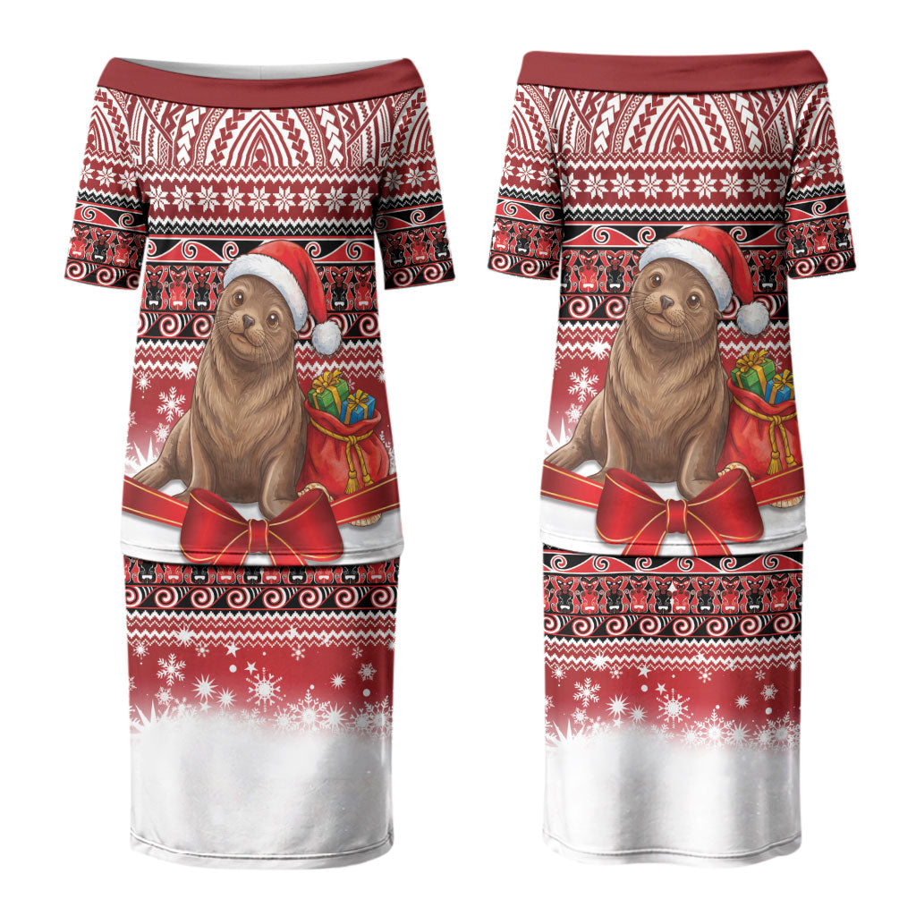 New Zealand Kekeno Seal Christmas Couples Matching Puletasi and Long Sleeve Button Shirt Maori Inspired Knitted Patterns