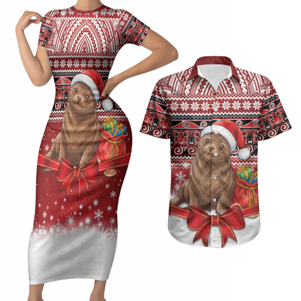 New Zealand Kekeno Seal Christmas Couples Matching Short Sleeve Bodycon Dress and Hawaiian Shirt Maori Inspired Knitted Patterns