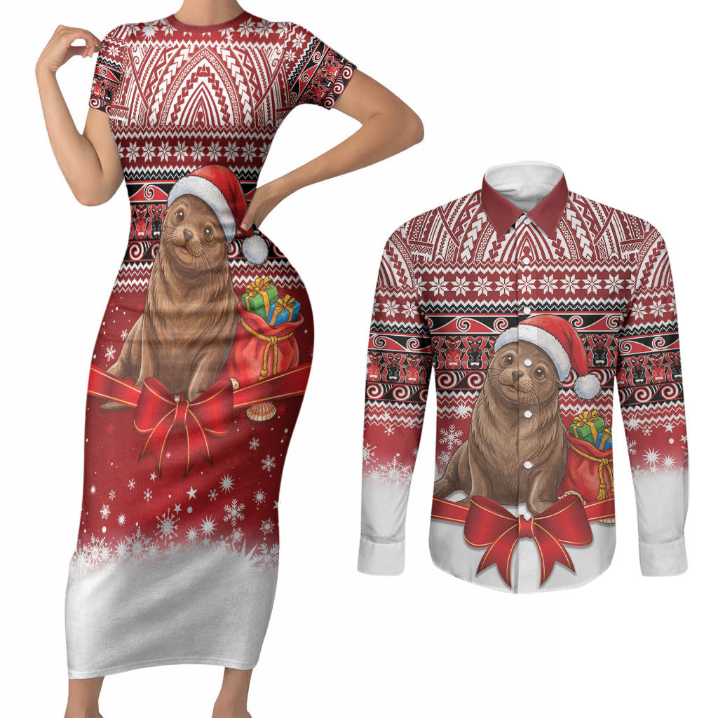 New Zealand Kekeno Seal Christmas Couples Matching Short Sleeve Bodycon Dress and Long Sleeve Button Shirt Maori Inspired Knitted Patterns