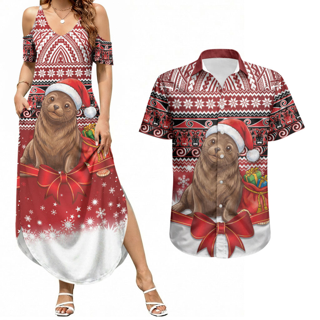 New Zealand Kekeno Seal Christmas Couples Matching Summer Maxi Dress and Hawaiian Shirt Maori Inspired Knitted Patterns