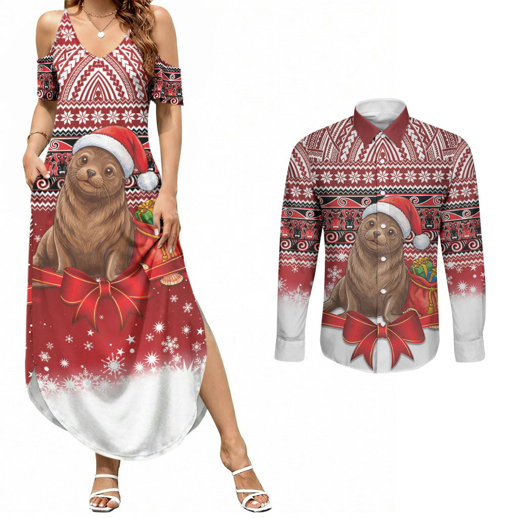 New Zealand Kekeno Seal Christmas Couples Matching Summer Maxi Dress and Long Sleeve Button Shirt Maori Inspired Knitted Patterns