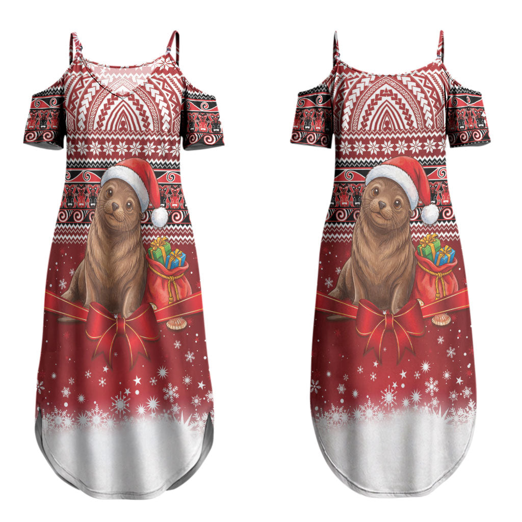 New Zealand Kekeno Seal Christmas Couples Matching Summer Maxi Dress and Long Sleeve Button Shirt Maori Inspired Knitted Patterns