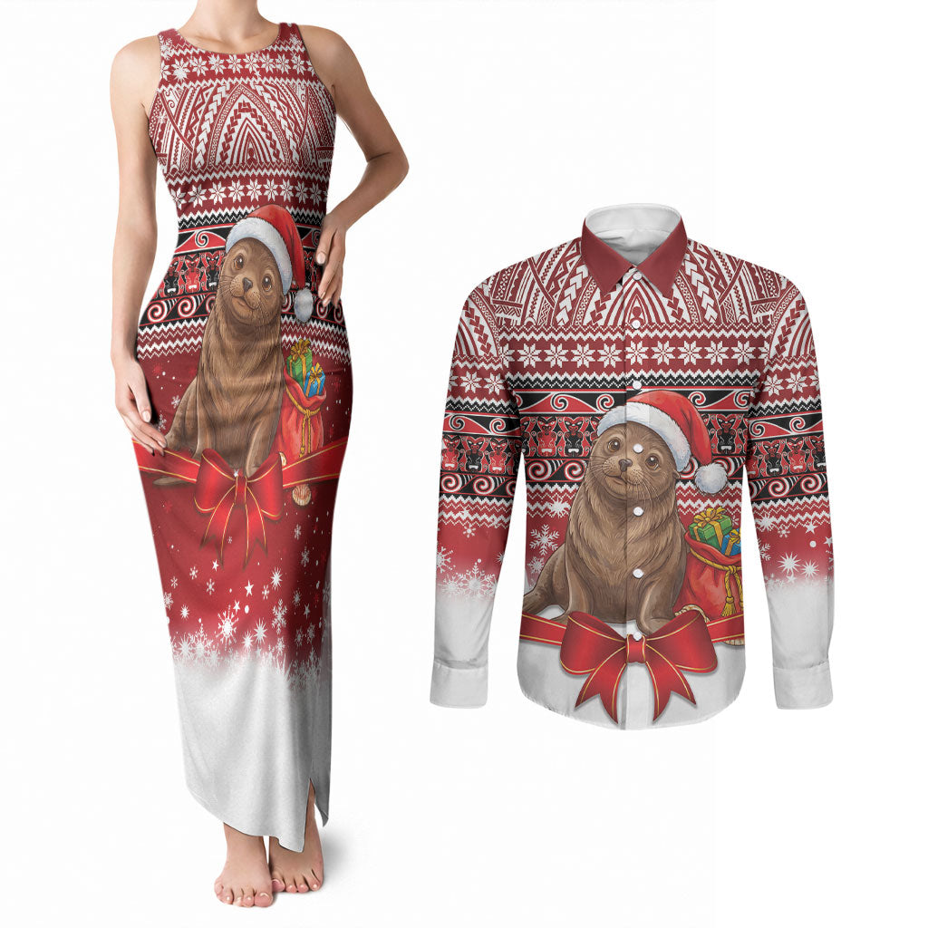 New Zealand Kekeno Seal Christmas Couples Matching Tank Maxi Dress and Long Sleeve Button Shirt Maori Inspired Knitted Patterns