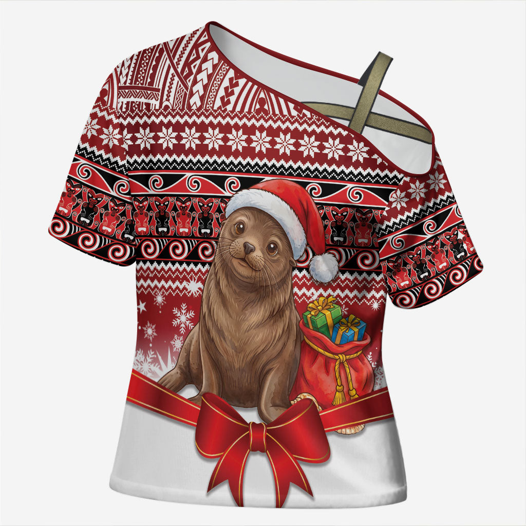 New Zealand Kekeno Seal Christmas Cross Shoulder Shirt Maori Inspired Knitted Patterns