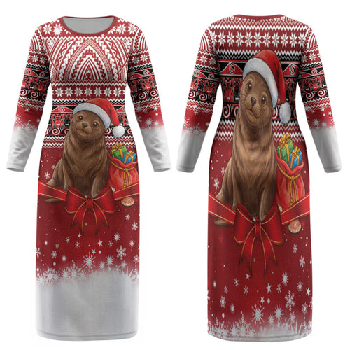 New Zealand Kekeno Seal Christmas Family Matching Long Sleeve Bodycon Dress and Hawaiian Shirt Maori Inspired Knitted Patterns