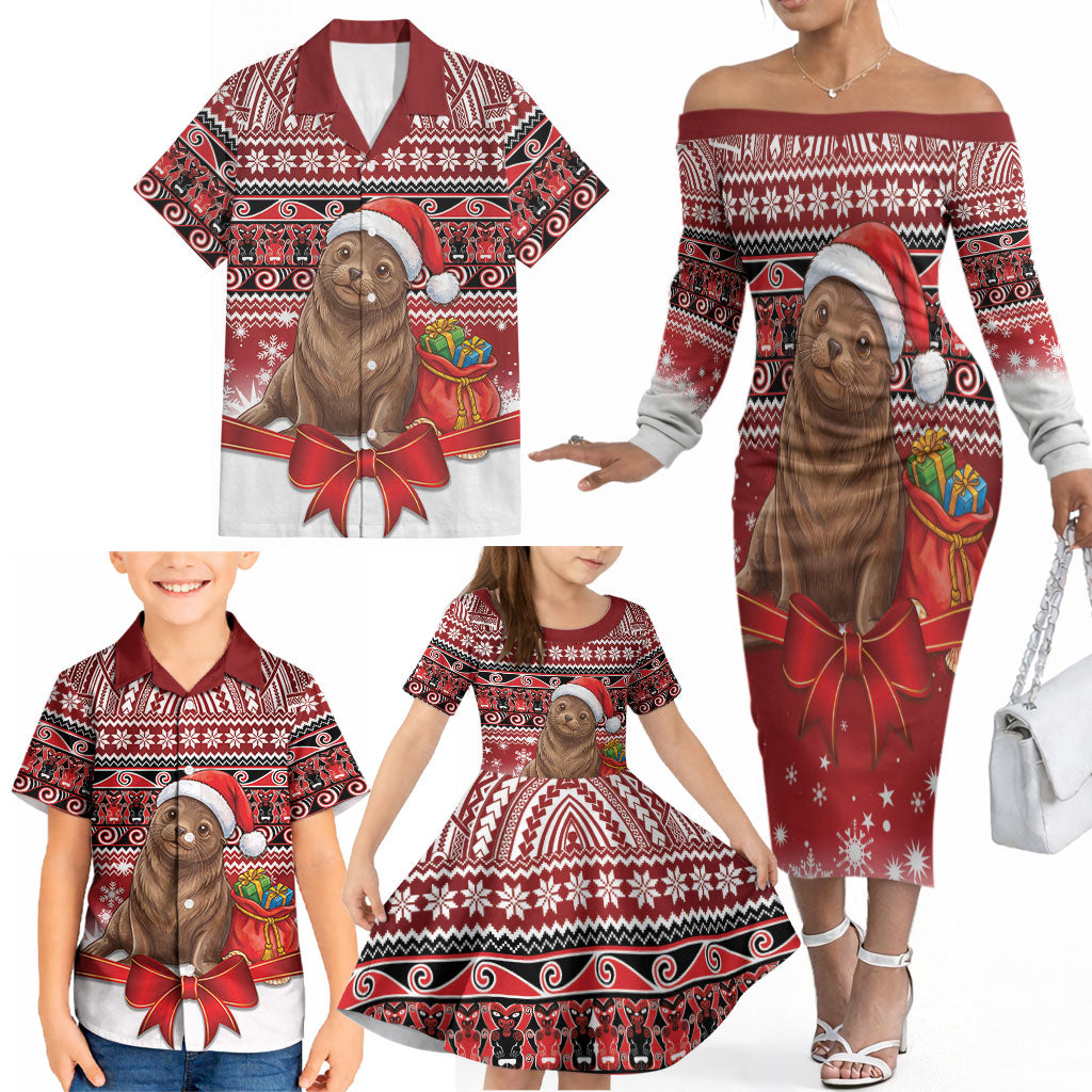 New Zealand Kekeno Seal Christmas Family Matching Off The Shoulder Long Sleeve Dress and Hawaiian Shirt Maori Inspired Knitted Patterns