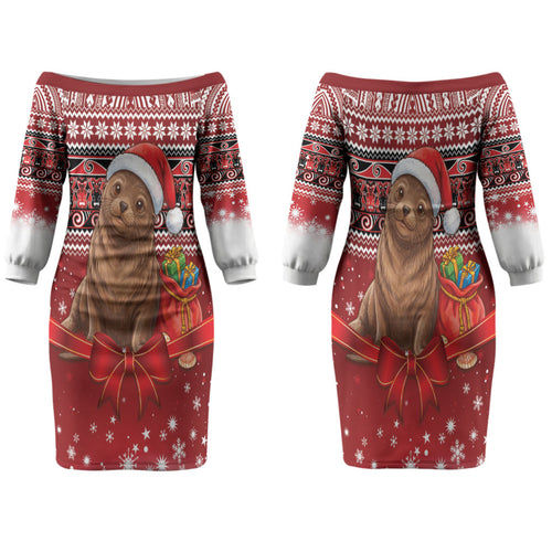 New Zealand Kekeno Seal Christmas Family Matching Off The Shoulder Long Sleeve Dress and Hawaiian Shirt Maori Inspired Knitted Patterns