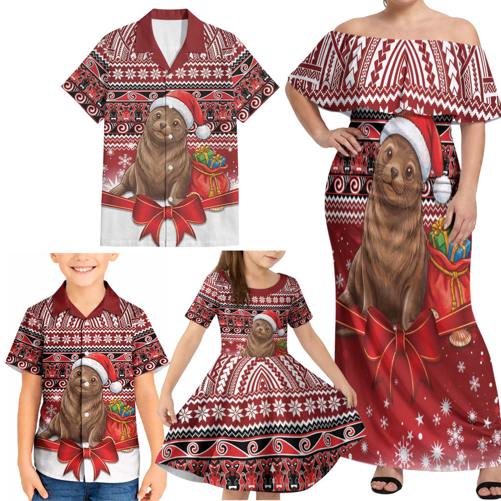 New Zealand Kekeno Seal Christmas Family Matching Off Shoulder Maxi Dress and Hawaiian Shirt Maori Inspired Knitted Patterns
