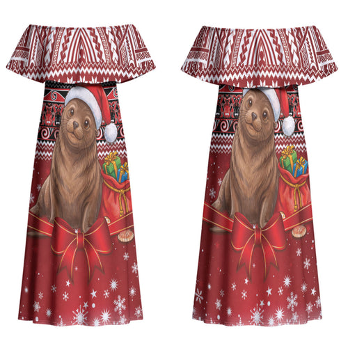 New Zealand Kekeno Seal Christmas Family Matching Off Shoulder Maxi Dress and Hawaiian Shirt Maori Inspired Knitted Patterns