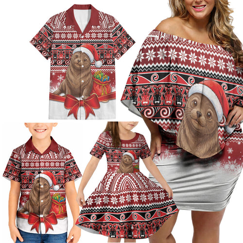New Zealand Kekeno Seal Christmas Family Matching Off Shoulder Short Dress and Hawaiian Shirt Maori Inspired Knitted Patterns