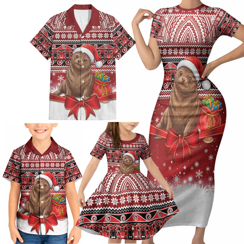 New Zealand Kekeno Seal Christmas Family Matching Short Sleeve Bodycon Dress and Hawaiian Shirt Maori Inspired Knitted Patterns