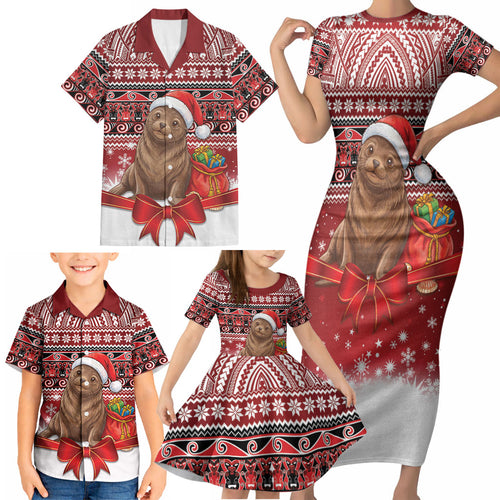 New Zealand Kekeno Seal Christmas Family Matching Short Sleeve Bodycon Dress and Hawaiian Shirt Maori Inspired Knitted Patterns