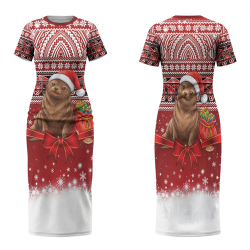 New Zealand Kekeno Seal Christmas Family Matching Short Sleeve Bodycon Dress and Hawaiian Shirt Maori Inspired Knitted Patterns