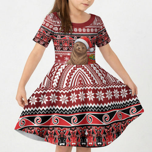 New Zealand Kekeno Seal Christmas Kid Short Sleeve Dress Maori Inspired Knitted Patterns