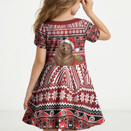 New Zealand Kekeno Seal Christmas Kid Short Sleeve Dress Maori Inspired Knitted Patterns