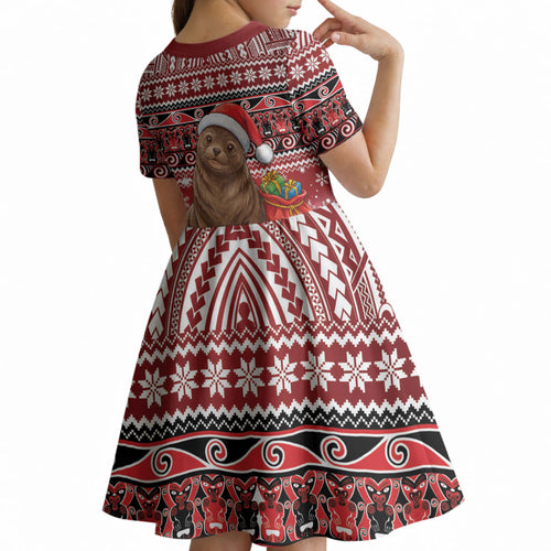 New Zealand Kekeno Seal Christmas Kid Short Sleeve Dress Maori Inspired Knitted Patterns
