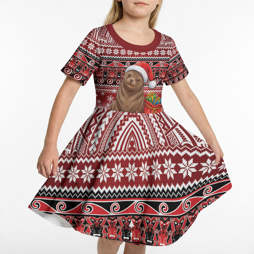 New Zealand Kekeno Seal Christmas Kid Short Sleeve Dress Maori Inspired Knitted Patterns