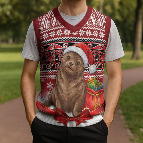 New Zealand Kekeno Seal Christmas Knitted V-Neck Vest Maori Inspired Knitted Patterns