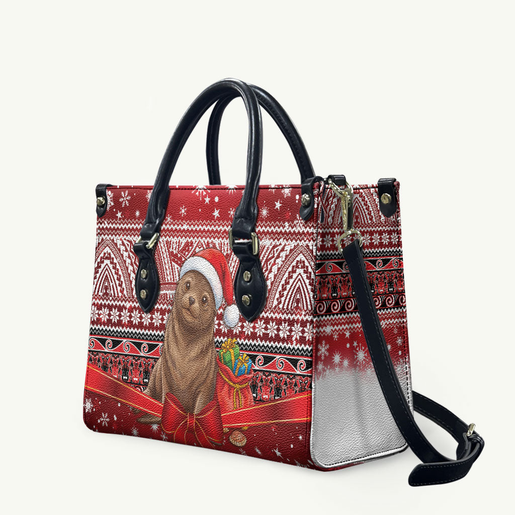 New Zealand Kekeno Seal Christmas Leather Bag Maori Inspired Knitted Patterns