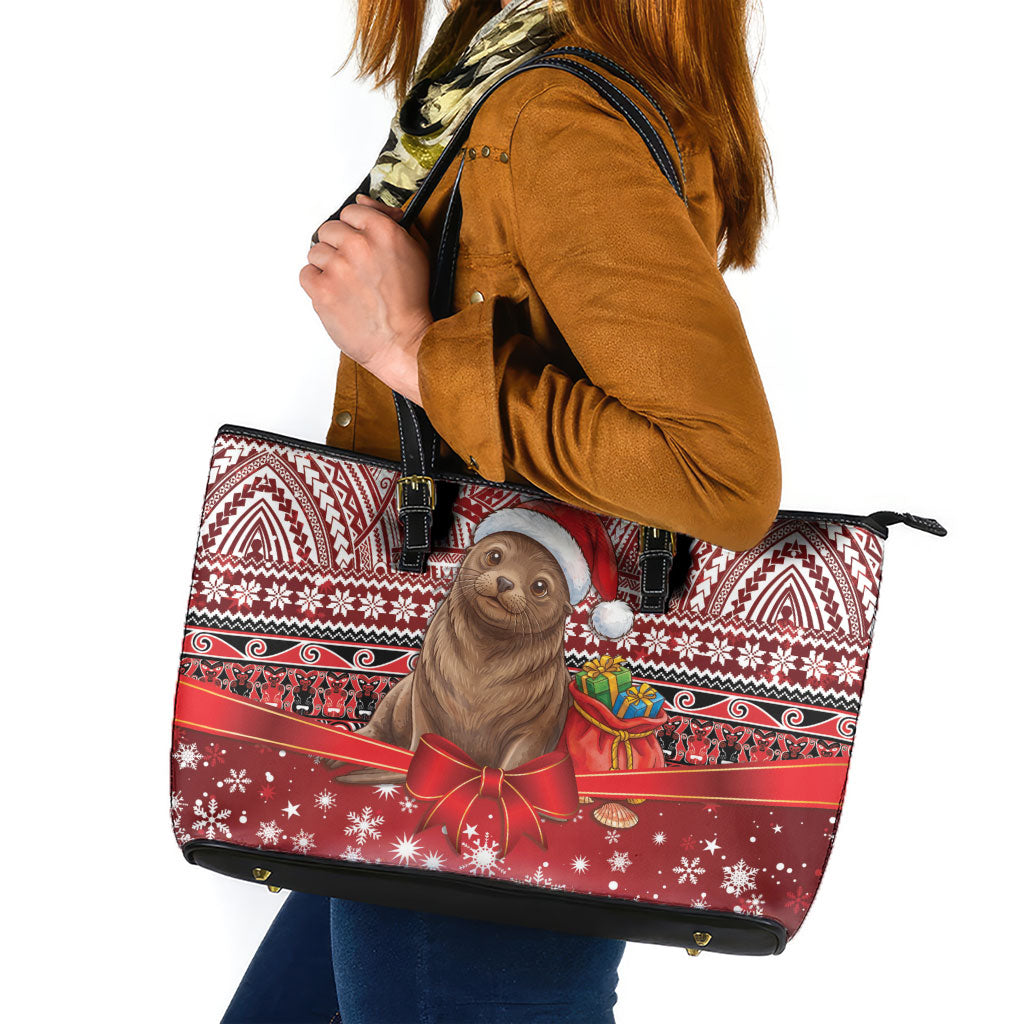 New Zealand Kekeno Seal Christmas Leather Tote Bag Maori Inspired Knitted Patterns