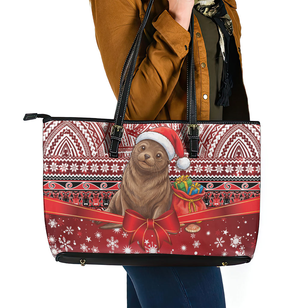New Zealand Kekeno Seal Christmas Leather Tote Bag Maori Inspired Knitted Patterns