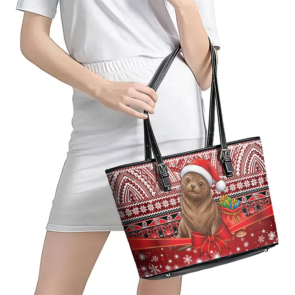 New Zealand Kekeno Seal Christmas Leather Tote Bag Maori Inspired Knitted Patterns