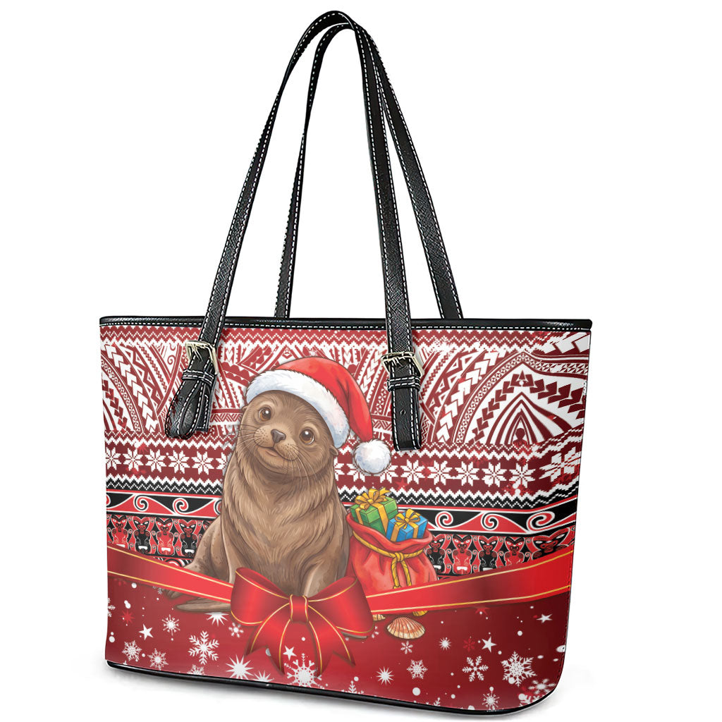 New Zealand Kekeno Seal Christmas Leather Tote Bag Maori Inspired Knitted Patterns