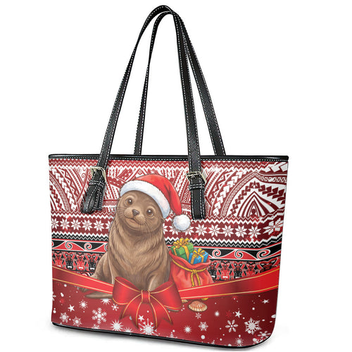 New Zealand Kekeno Seal Christmas Leather Tote Bag Maori Inspired Knitted Patterns