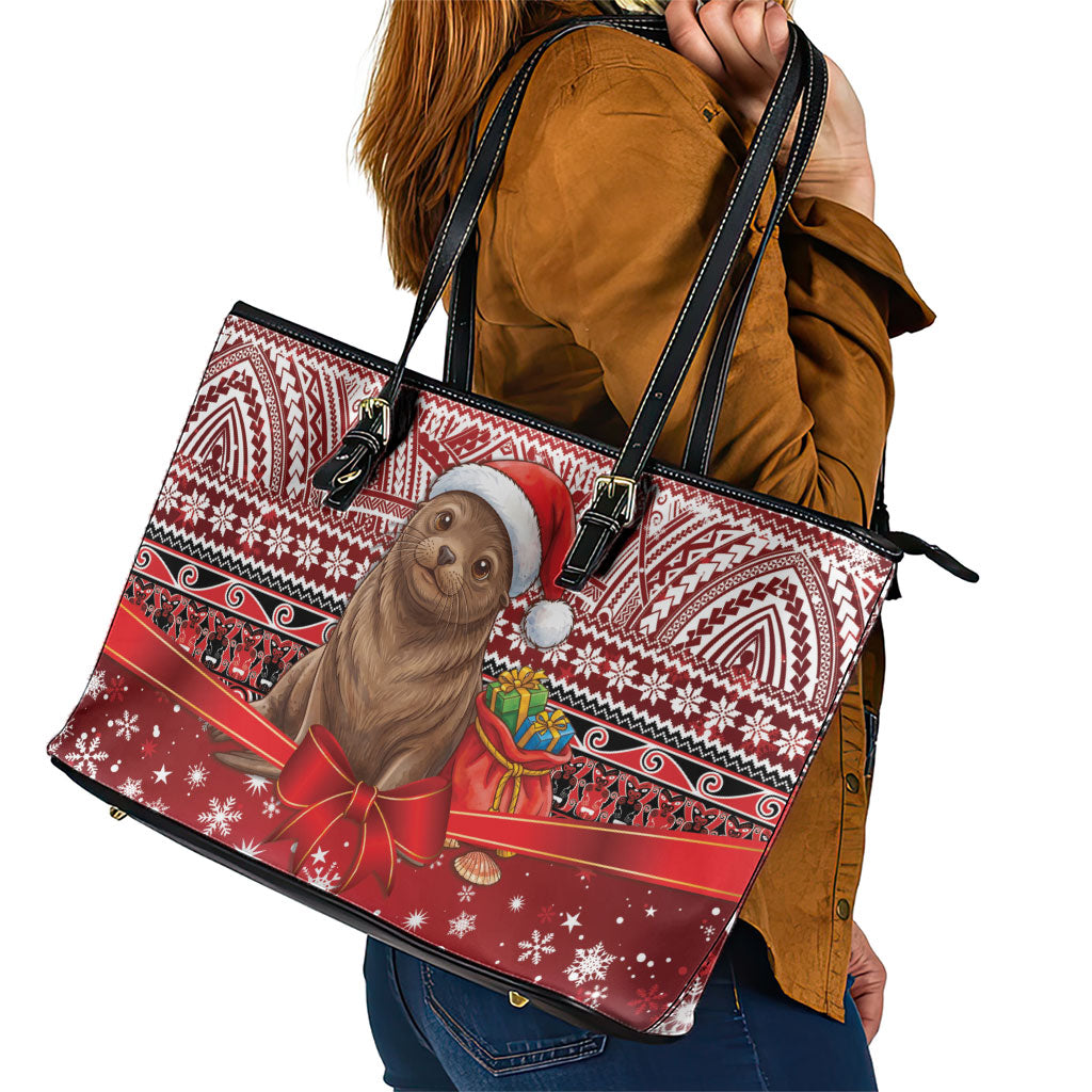 New Zealand Kekeno Seal Christmas Leather Tote Bag Maori Inspired Knitted Patterns