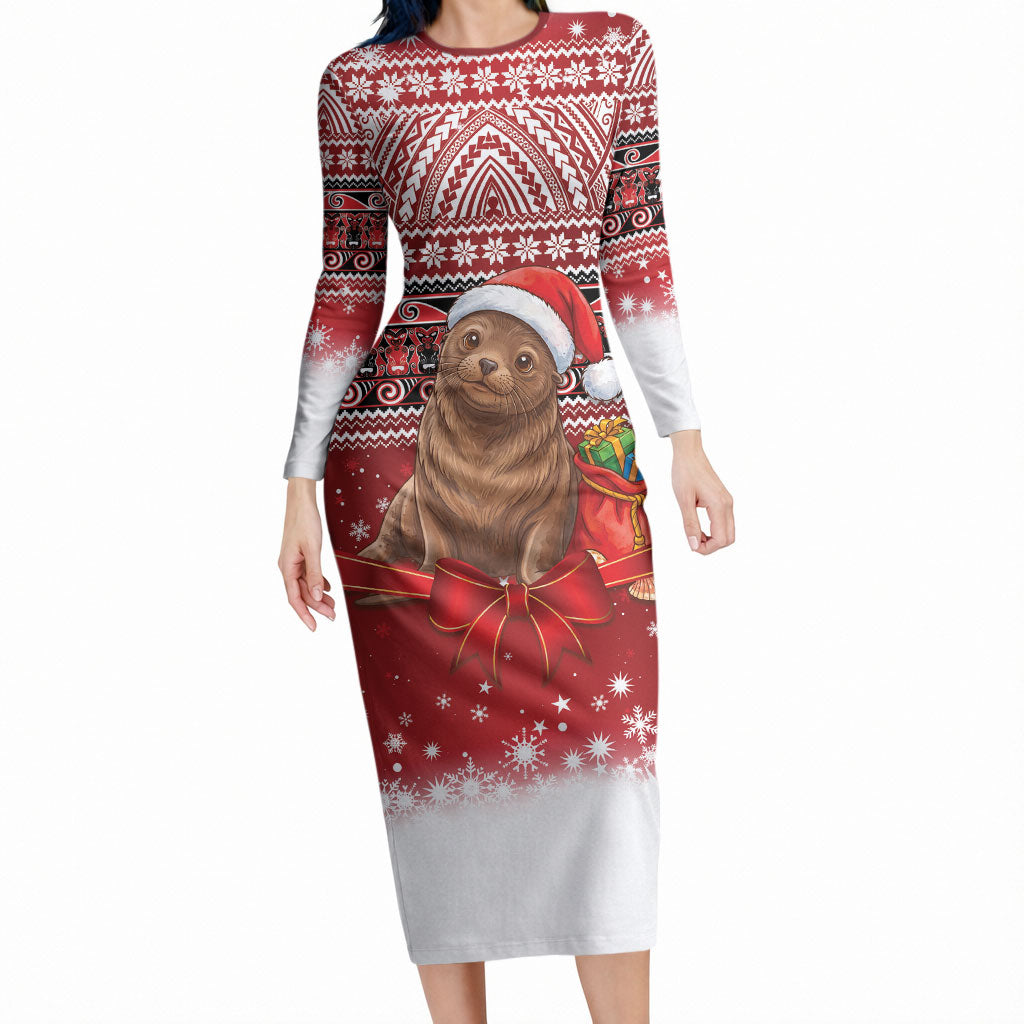 New Zealand Kekeno Seal Christmas Long Sleeve Bodycon Dress Maori Inspired Knitted Patterns