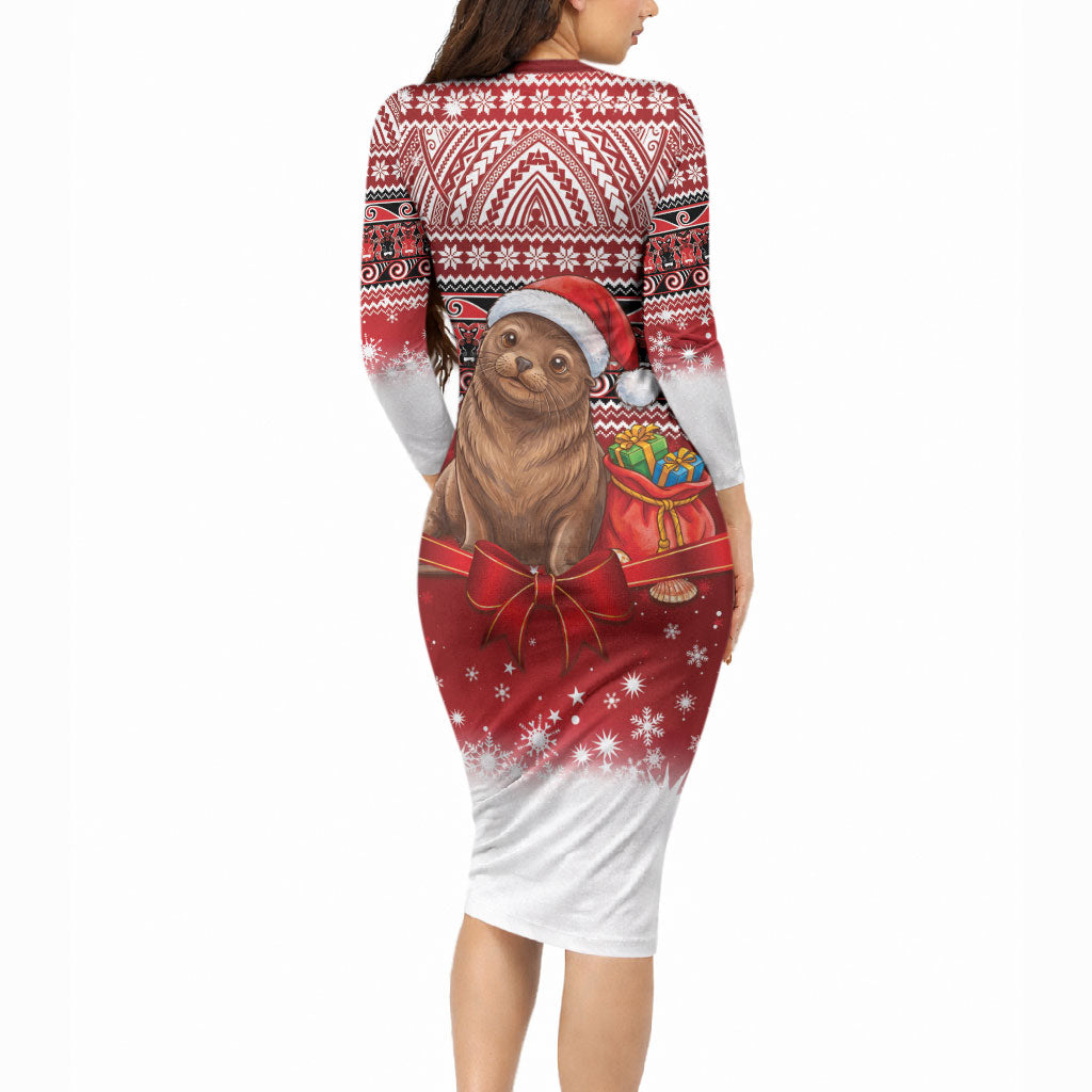New Zealand Kekeno Seal Christmas Long Sleeve Bodycon Dress Maori Inspired Knitted Patterns
