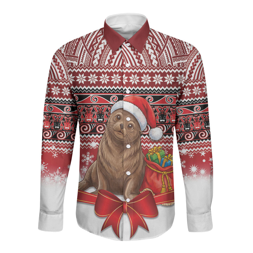 New Zealand Kekeno Seal Christmas Long Sleeve Button Shirt Maori Inspired Knitted Patterns