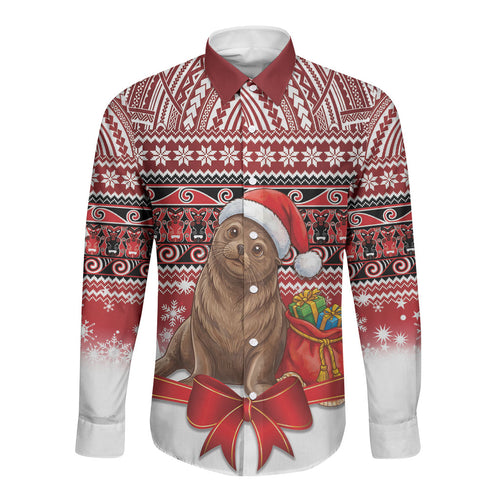 New Zealand Kekeno Seal Christmas Long Sleeve Button Shirt Maori Inspired Knitted Patterns