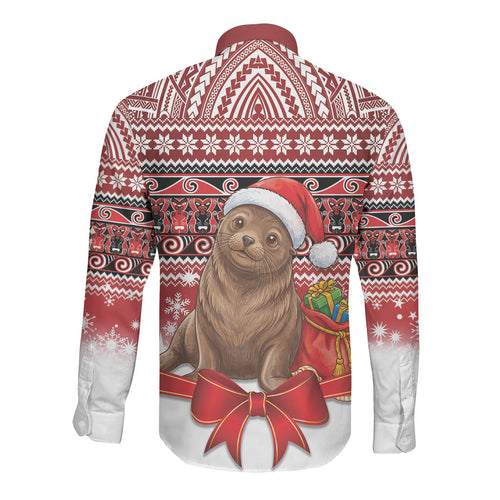 New Zealand Kekeno Seal Christmas Long Sleeve Button Shirt Maori Inspired Knitted Patterns