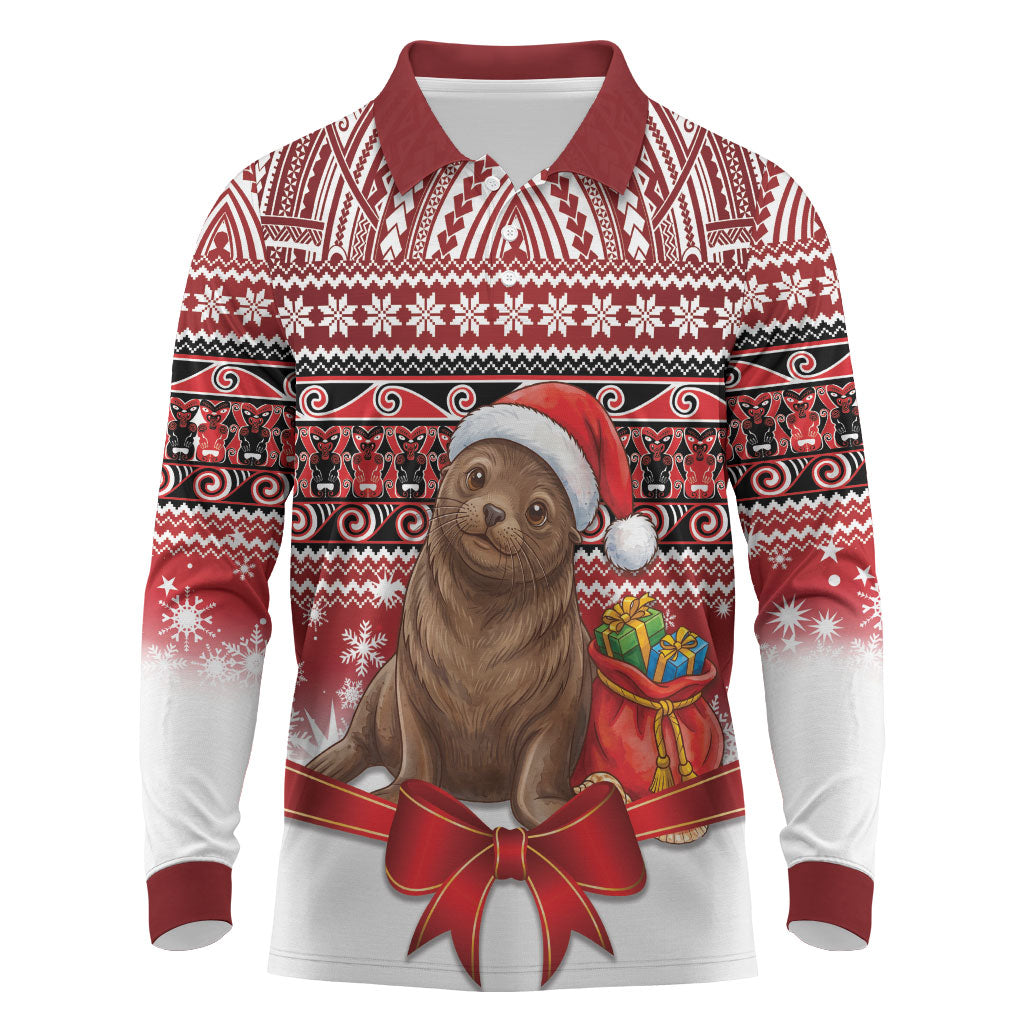New Zealand Kekeno Seal Christmas Long Sleeve Polo Shirt Maori Inspired Knitted Patterns