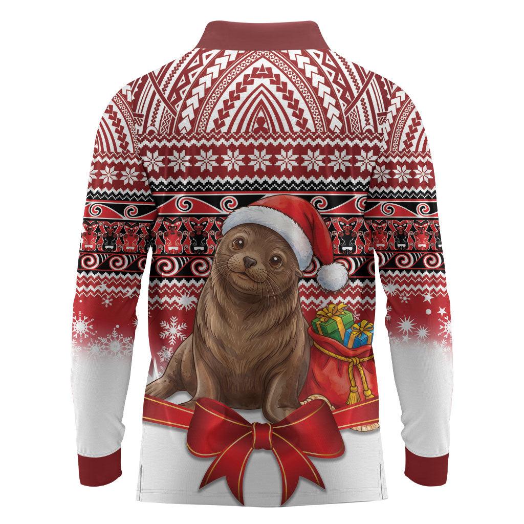 New Zealand Kekeno Seal Christmas Long Sleeve Polo Shirt Maori Inspired Knitted Patterns